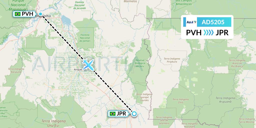 AD5205 Azul Brazilian Airlines Flight Map: Porto Velho to Ji-Parana