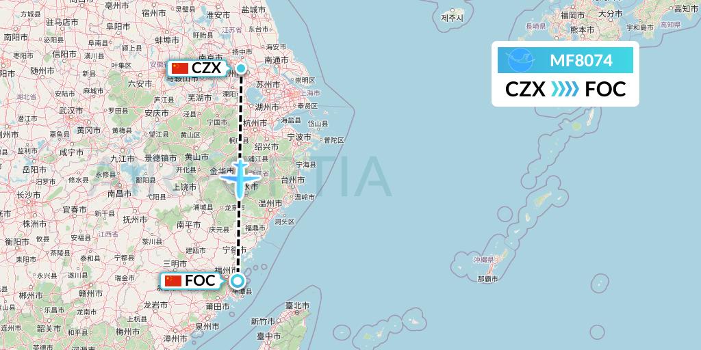 MF8074 Xiamen Airlines Flight Map: Changzhou to Fuzhou
