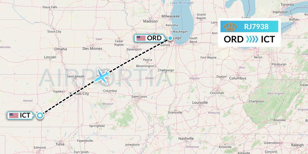 RJ7938 Royal Jordanian Flight Map: Chicago to Wichita