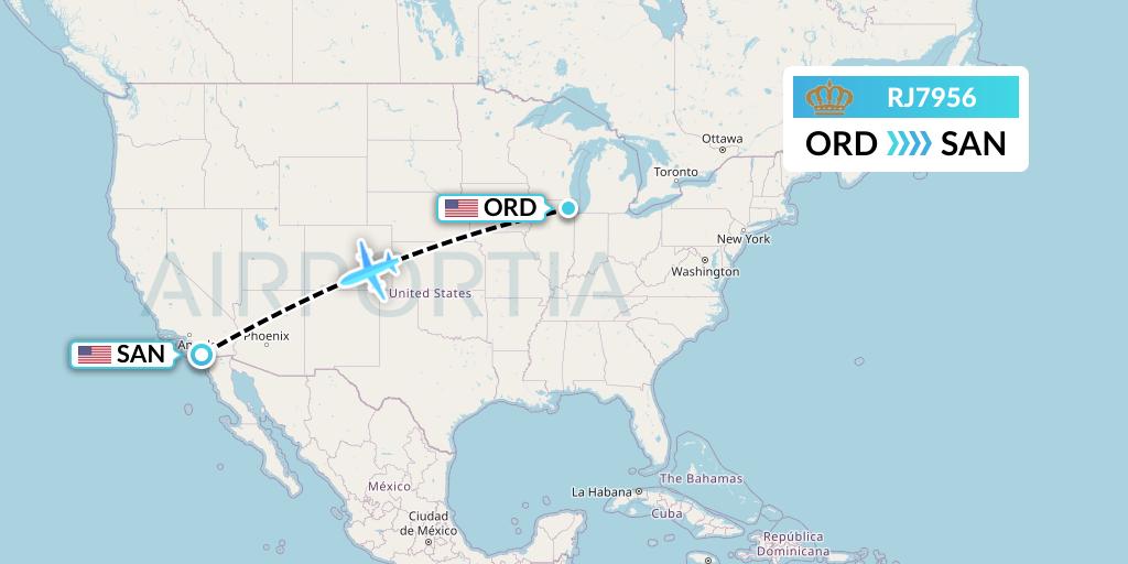RJ7956 Royal Jordanian Flight Map: Chicago to San Diego
