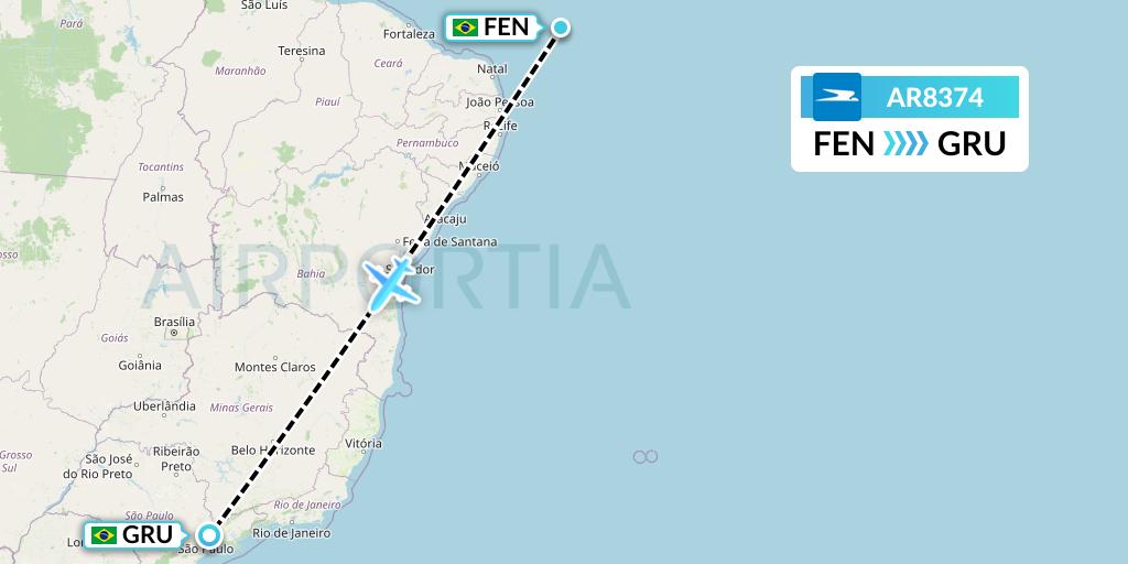 AR8374 Aerolineas Argentinas Flight Map: Fernando De Noronha to Sao Paulo