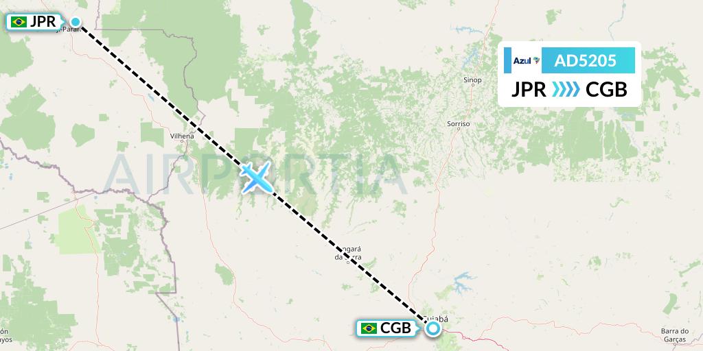 AD5205 Azul Brazilian Airlines Flight Map: Ji-Parana to Cuiaba