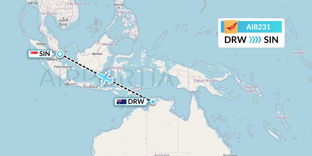 AI8231 Air India Flight Map: Darwin to Singapore