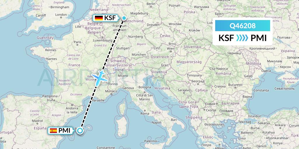 Q46208 Euroairlines Flight Map: Kassel to Palma de Mallorca