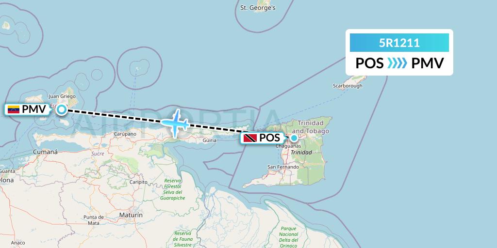 5R1211 Rutaca Airlines Flight Map: Port of Spain to Porlamar