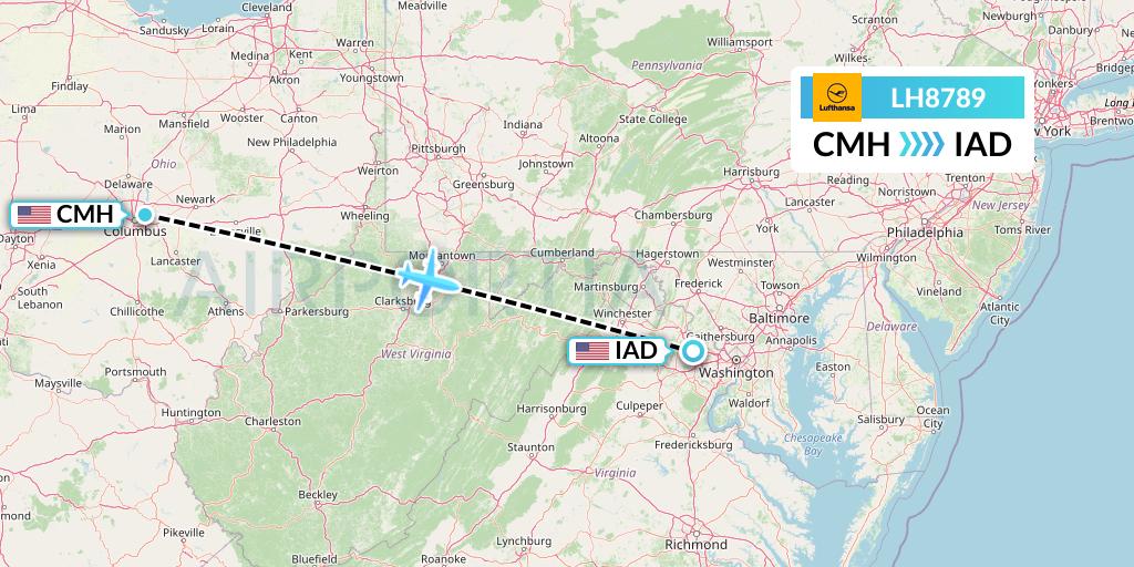 LH8789 Lufthansa Flight Map: Columbus to Washington