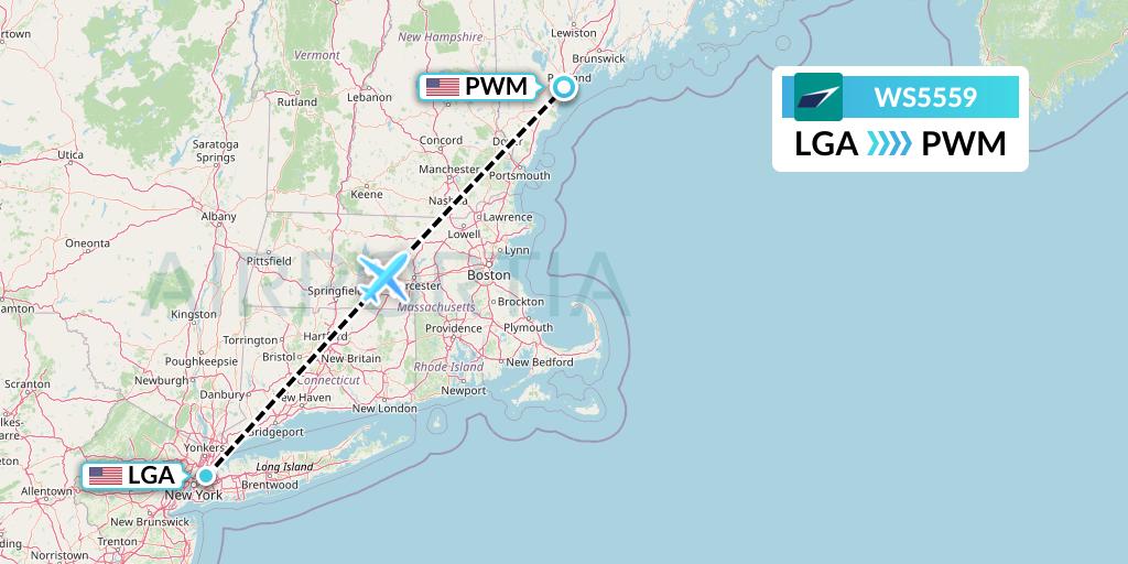 WS5559 WestJet Flight Map: New York to Portland