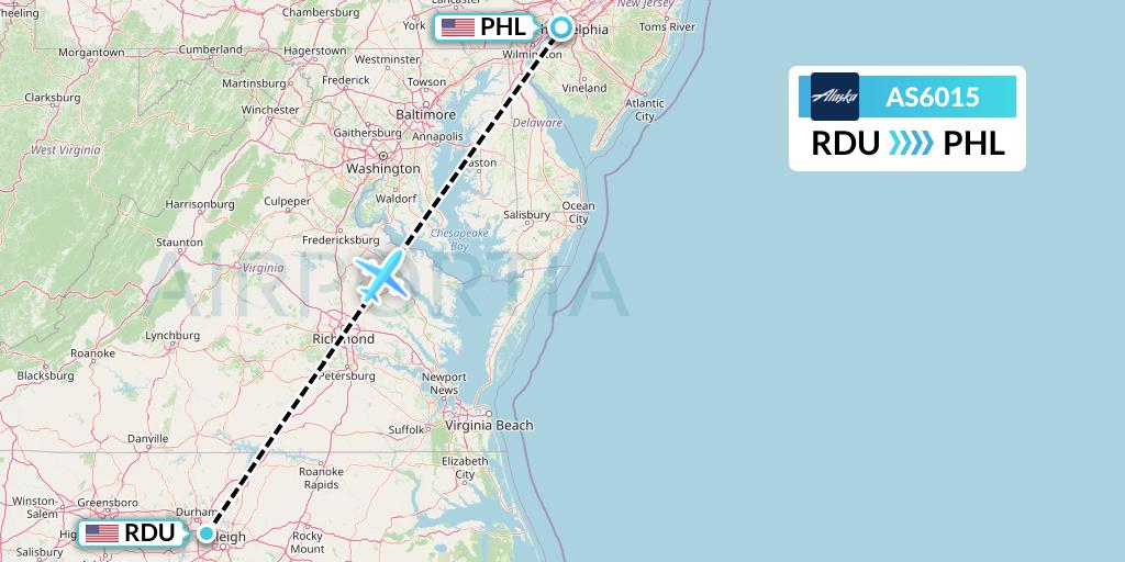 AS6015 Alaska Airlines Flight Map: Raleigh-Durham to Philadelphia