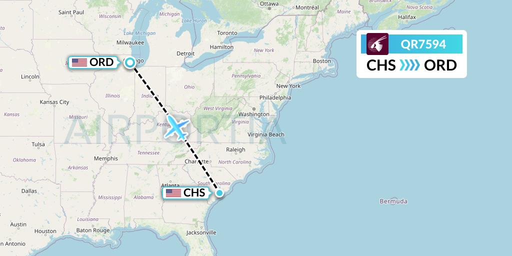 QR7594 Qatar Airways Flight Map: Charleston to Chicago