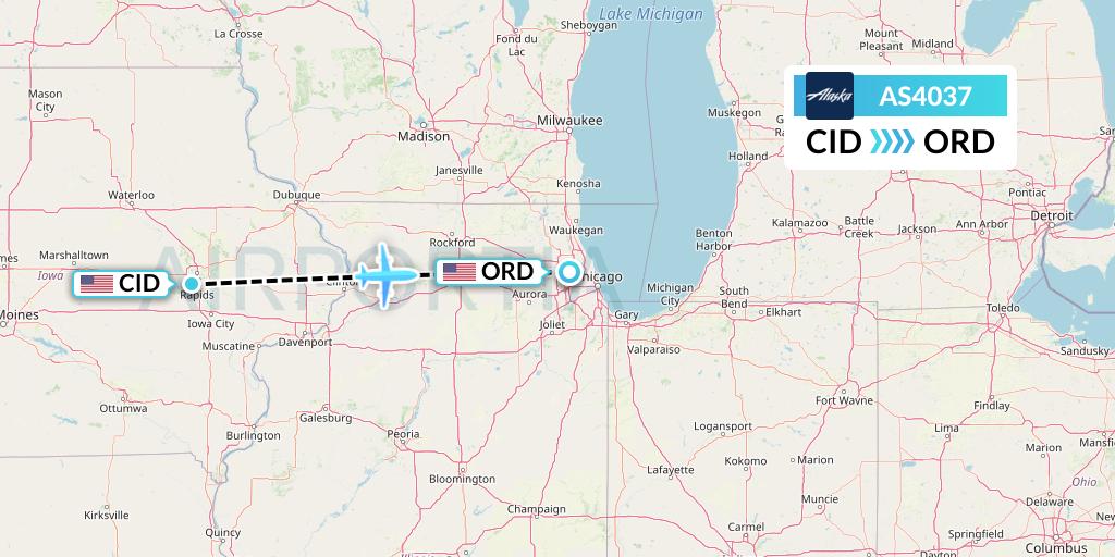 AS4037 Alaska Airlines Flight Map: Cedar Rapids to Chicago