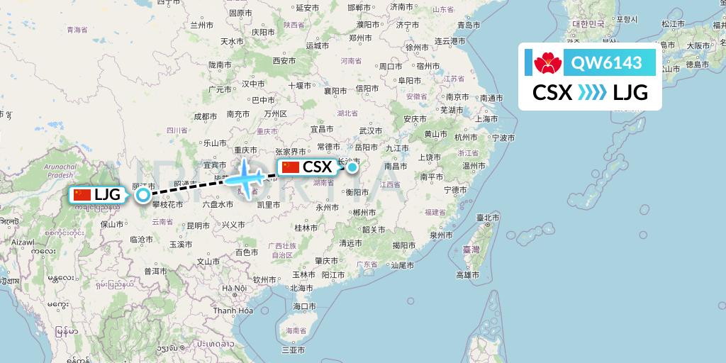 QW6143 Qingdao Airlines Flight Map: Changsha to Lijiang