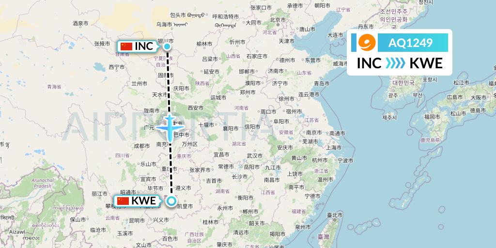 AQ1249 9 Air Flight Map: Yinchuan to Guiyang