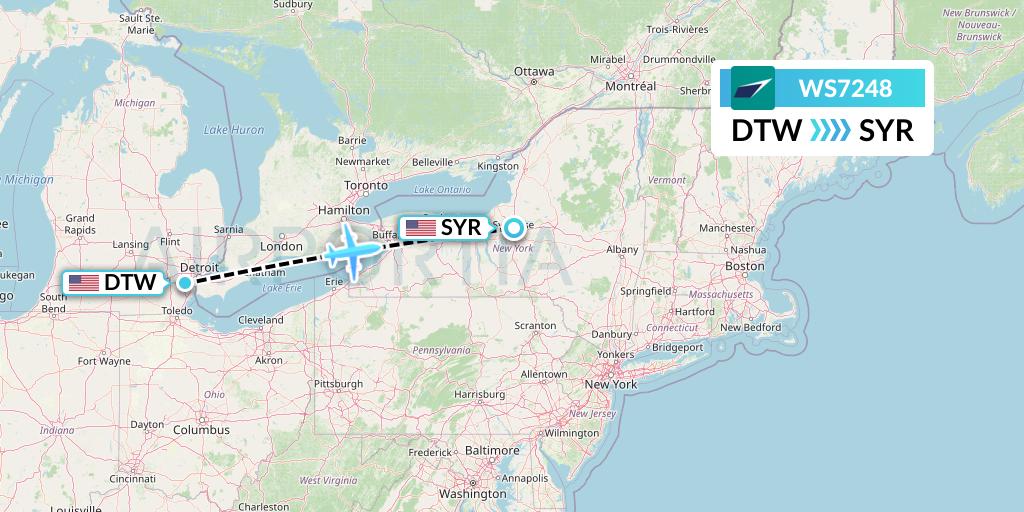 WS7248 WestJet Flight Map: Detroit to Syracuse