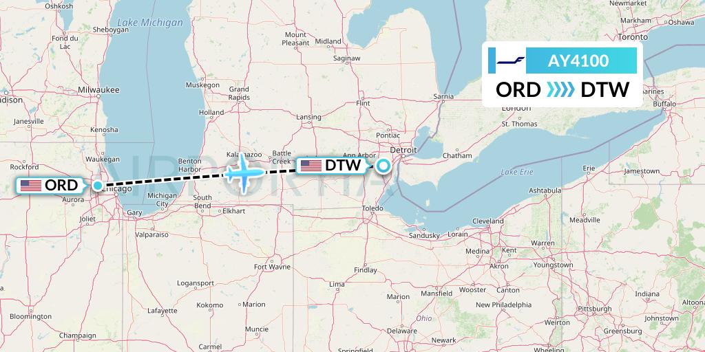 AY4100 Finnair Flight Map: Chicago to Detroit