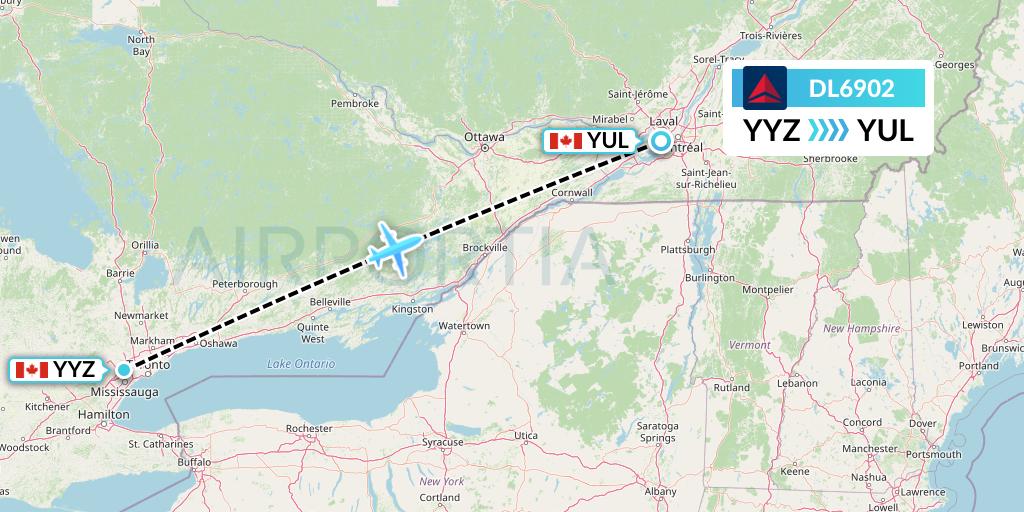 DL6902 Delta Air Lines Flight Map: Toronto to Montreal