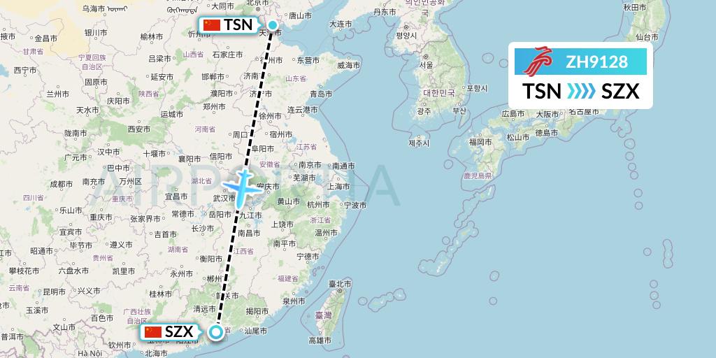 ZH9128 Shenzhen Airlines Flight Map: Tianjin to Shenzhen