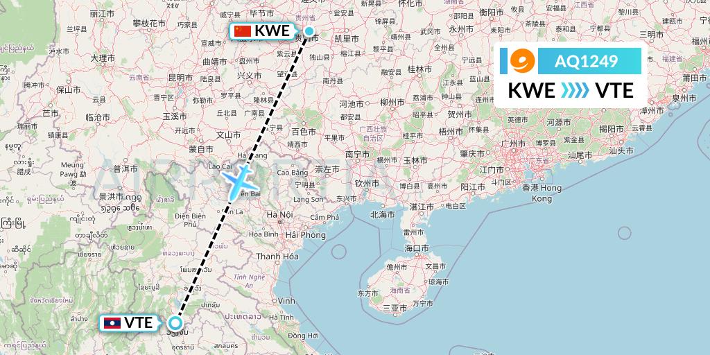 AQ1249 9 Air Flight Map: Guiyang to Vientiane
