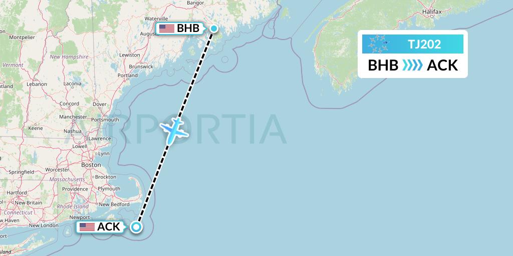 TJ202 Tradewind Aviation Flight Map: Bar Harbor to Nantucket
