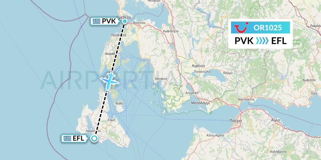OR1025 TUI fly Netherlands Flight Map: Preveza to Kefalonia