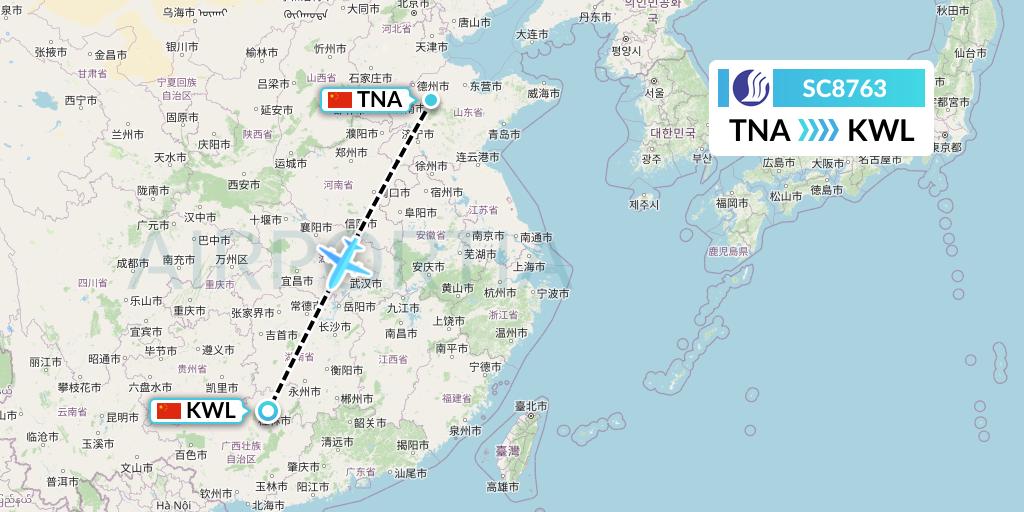 SC8763 Shandong Airlines Flight Map: Jinan to Guilin