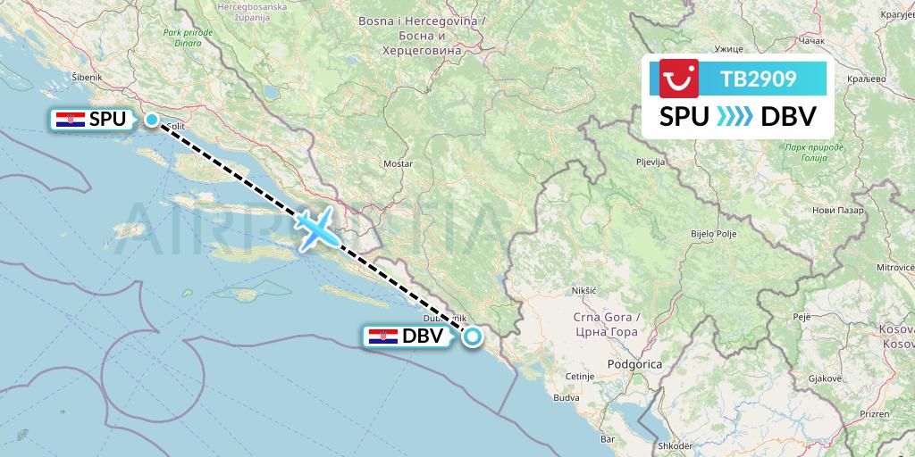 TB2909 TUI fly Belgium Flight Map: Split to Dubrovnik