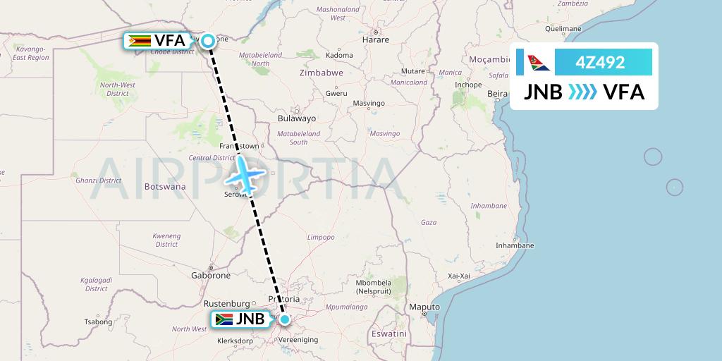 4Z492 Airlink Flight Map: Johannesburg to Victoria Falls