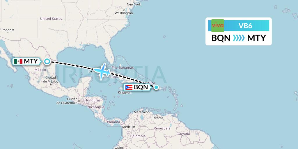 VB6 VivaAerobus Flight Map: Aguadilla to Monterrey