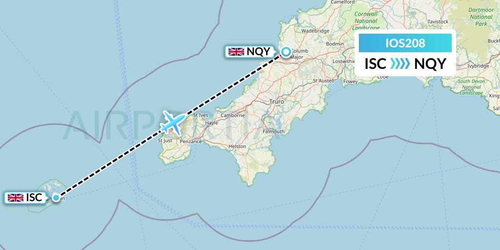 IOS208 Skybus Flight Map: Isles Of Scilly to Newquay
