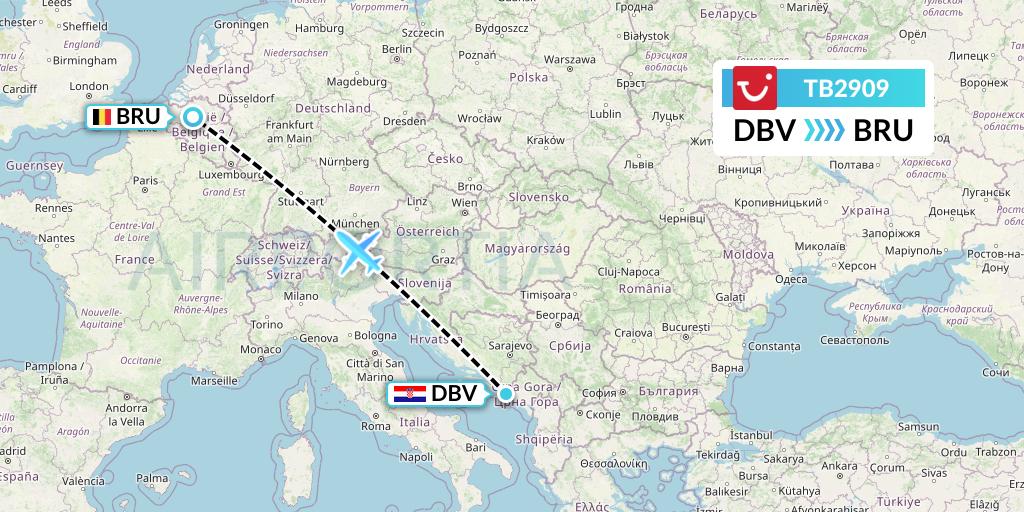 TB2909 TUI fly Belgium Flight Map: Dubrovnik to Brussels