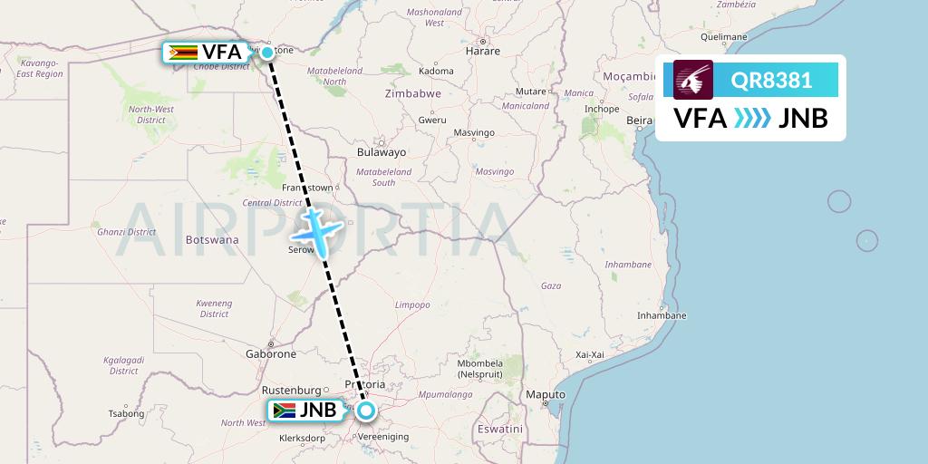 QR8381 Qatar Airways Flight Map: Victoria Falls to Johannesburg