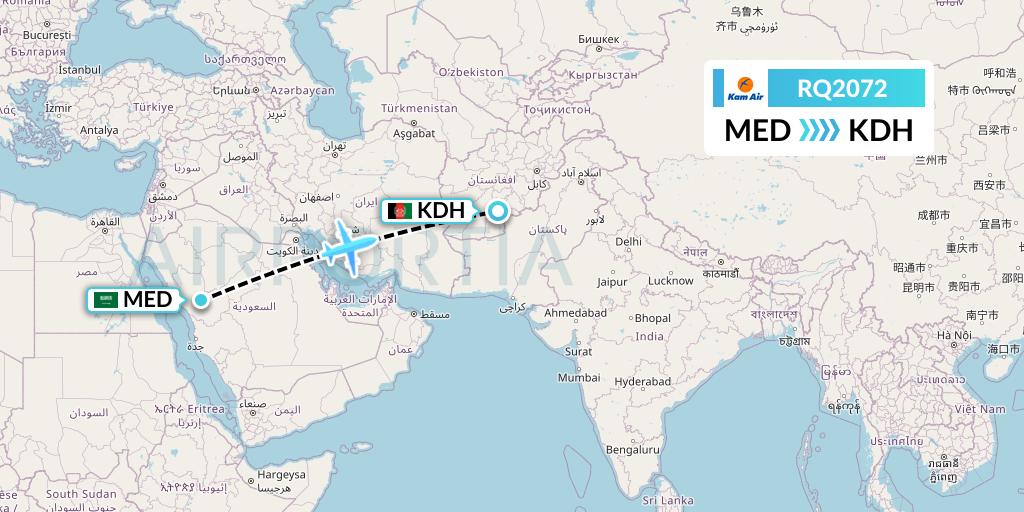 RQ2072 Kam Air Flight Map: Medina to Kandahar