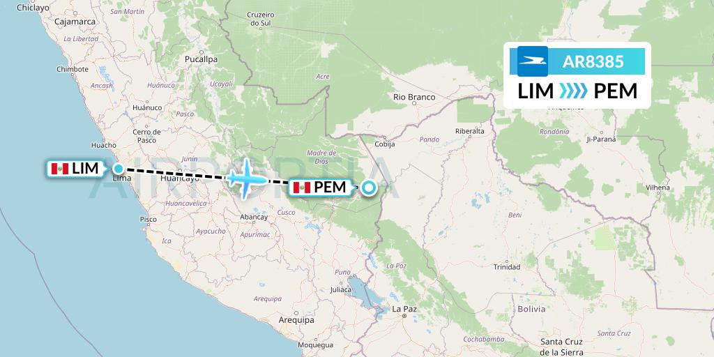 AR8385 Aerolineas Argentinas Flight Map: Lima to Puerto Maldonado