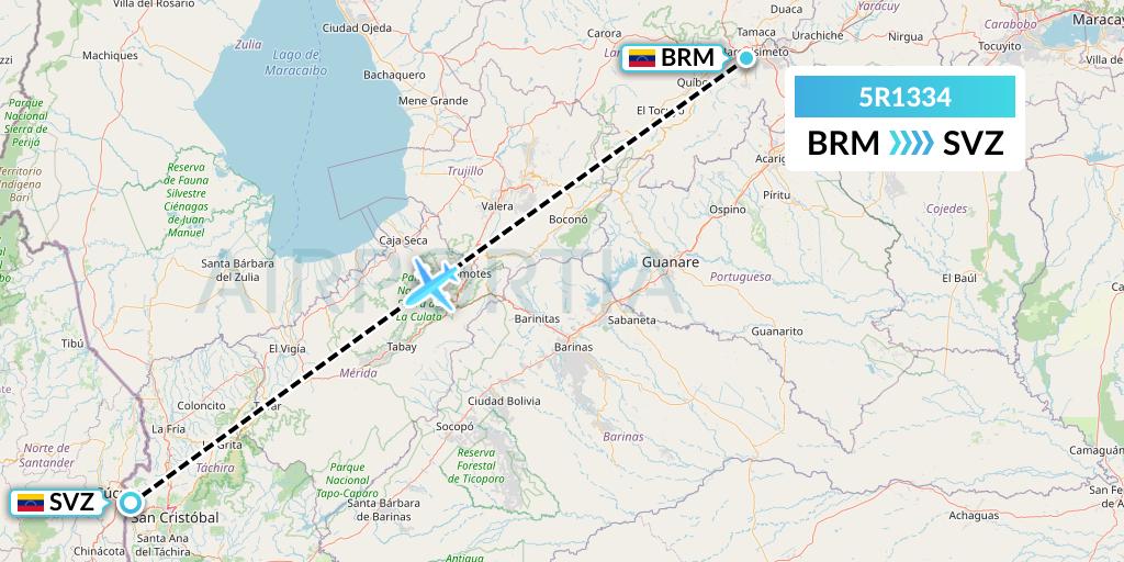 5R1334 Rutaca Airlines Flight Map: Barquisimeto to Venezuela