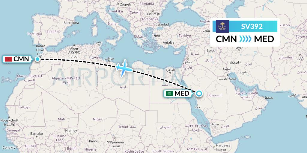 SV392 Saudi Arabian Airlines Flight Map: Casablanca to Medina