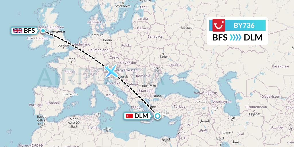 BY736 TUI Airways Flight Map: Belfast to Dalaman