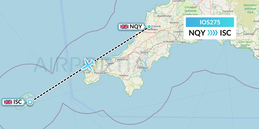 IOS275 Skybus Flight Map: Newquay to Isles Of Scilly