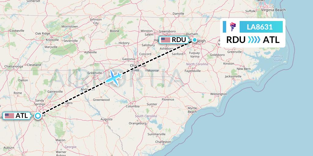 LA8631 LAN Airlines Flight Map: Raleigh-Durham to Atlanta