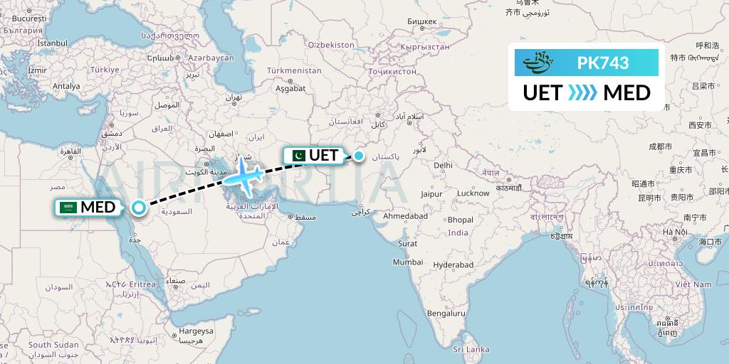 PK743 Pakistan International Airlines Flight Map: Quetta to Medina