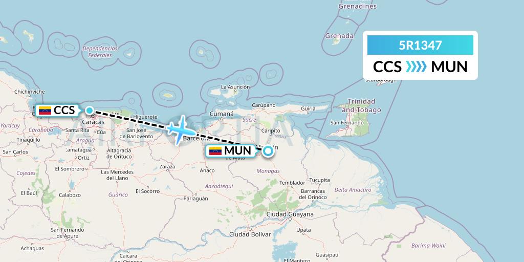 5R1347 Rutaca Airlines Flight Map: Caracas to Maturin
