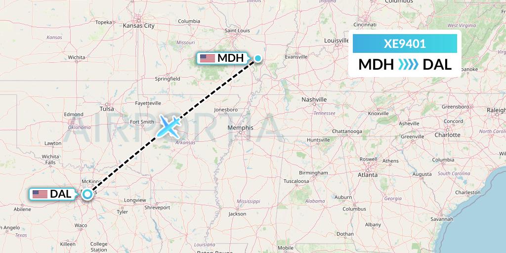 XE9401 Jsx Flight Map: Carbondale-Murphysboro to Dallas