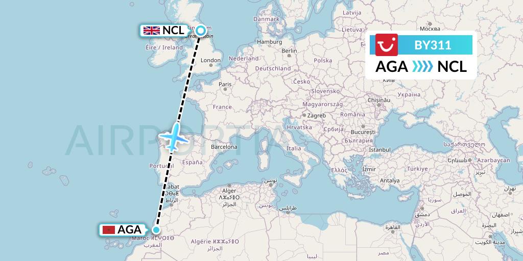BY311 TUI Airways Flight Map: Agadir to Newcastle