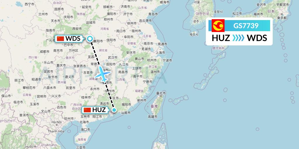 GS7739 Tianjin Airlines Flight Map: Huizhou to Shiyan
