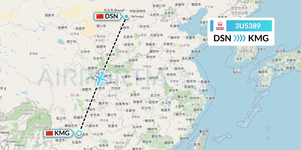 3U5389 Sichuan Airlines Flight Map: Dongsheng to Kunming