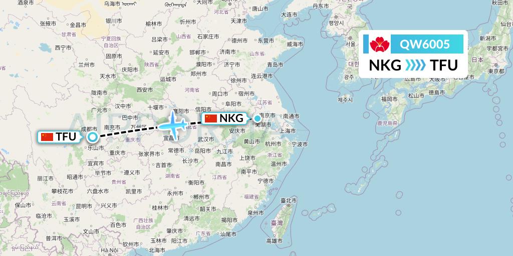 QW6005 Qingdao Airlines Flight Map: Nanjing to Chengdu