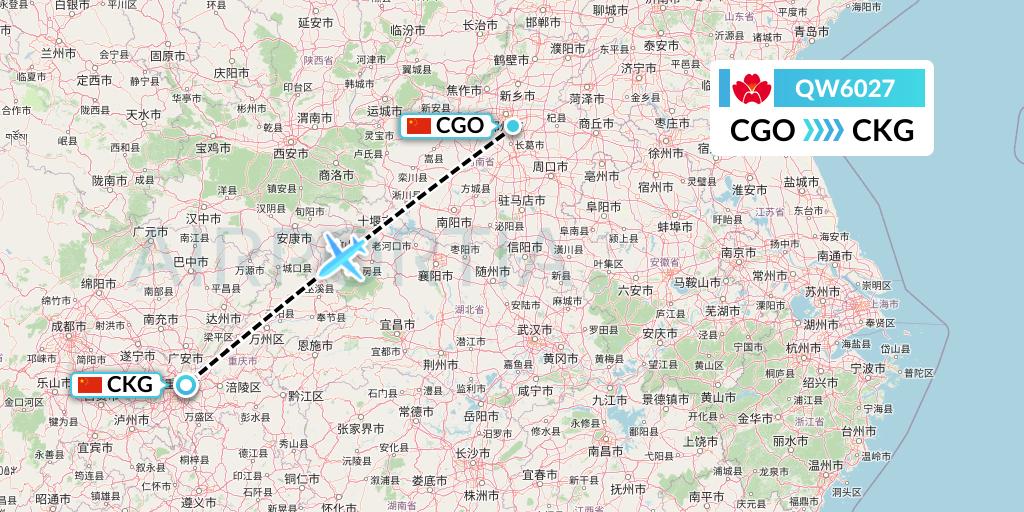 QW6027 Qingdao Airlines Flight Map: Zhengzhou to Chongqing