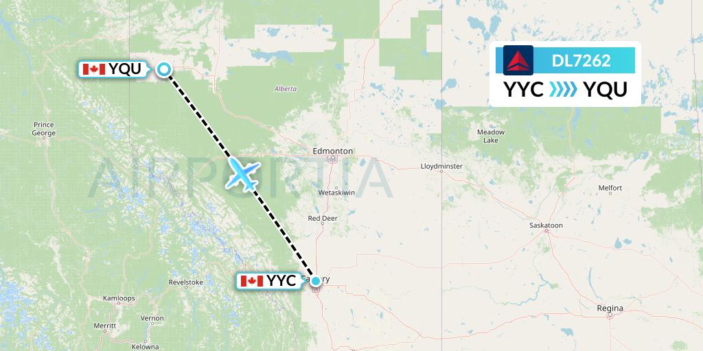 DL7262 Delta Air Lines Flight Map: Calgary to Grande Prairie