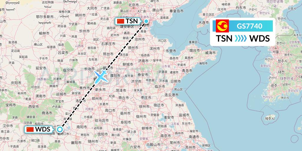 GS7740 Tianjin Airlines Flight Map: Tianjin to Shiyan