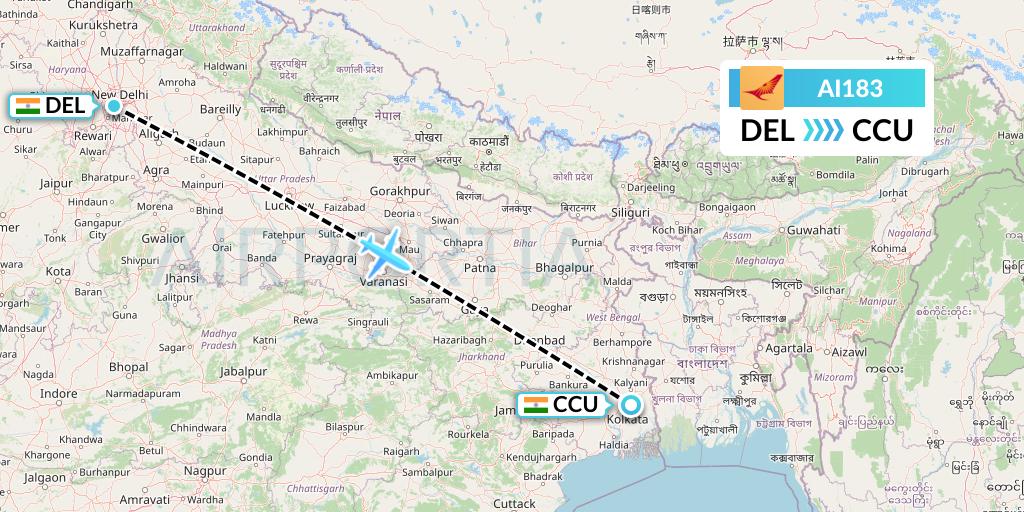 AI183 Air India Flight Map: Delhi to Kolkata