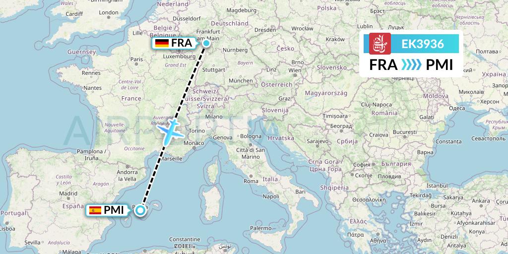 EK3936 Emirates Flight Map: Frankfurt to Palma de Mallorca