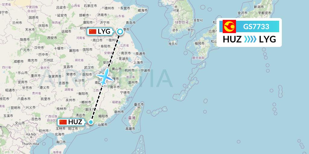 GS7733 Tianjin Airlines Flight Map: Huizhou to Lianyungang